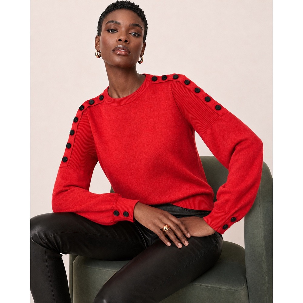 Karl Lagerfeld Paris Womens Red Button Shoulder Puff Sleeve Sweater Medium NWOT